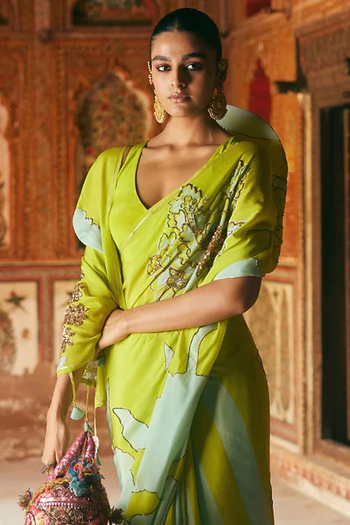 Bright Green & Powder Blue Crepe Hand Embroidered Party Wear Saree Set by Raji Ramniq at Pernia's Pop Up Shop